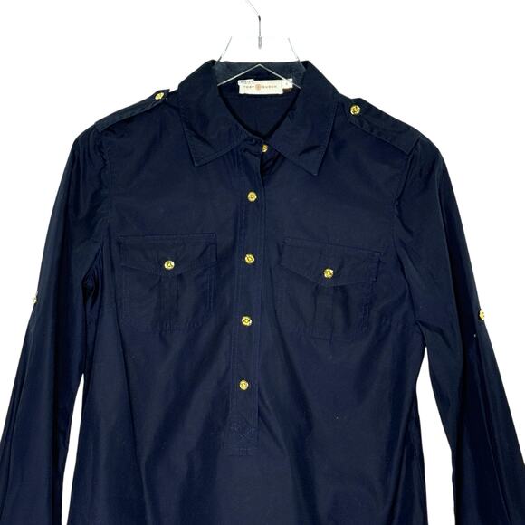 Tory Burch 6 Womens Navy Gold Button Popover Tunic Top Cotton Poplin Preppy - Picture 4 of 11